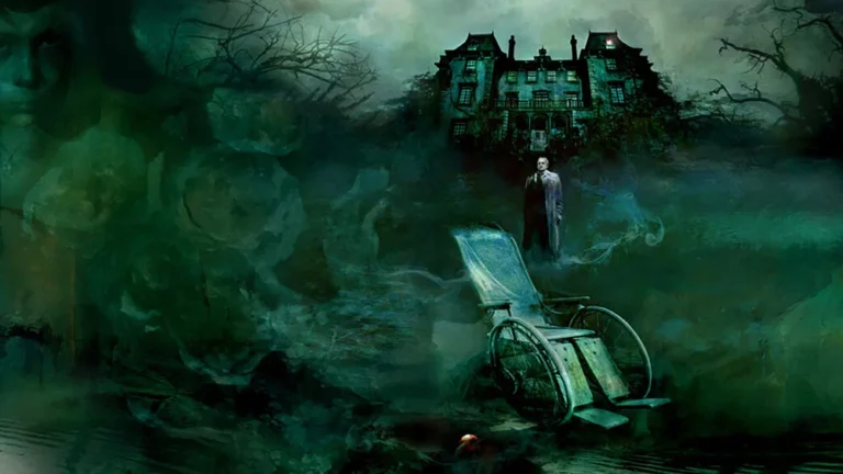 Eerie scene with haunted mansion and wheelchair