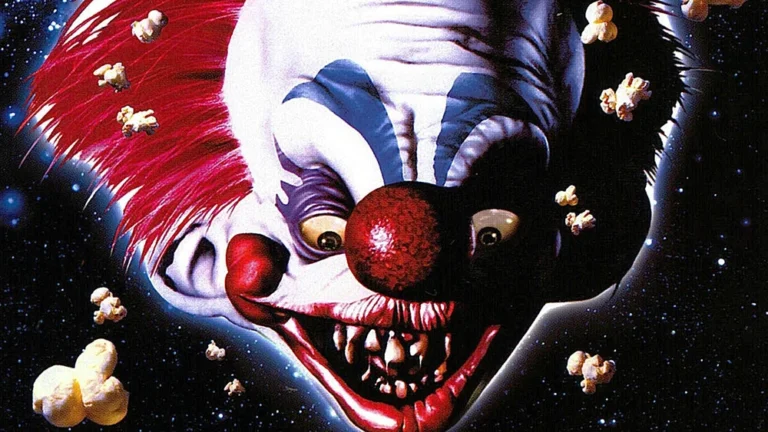 Menacing clown in a cosmic background